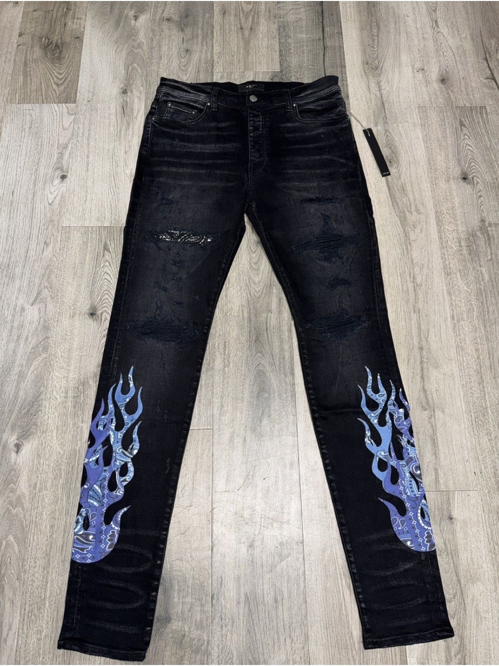 AMIRI Black Skinny Jeans with Blue Flame Bandana Panels